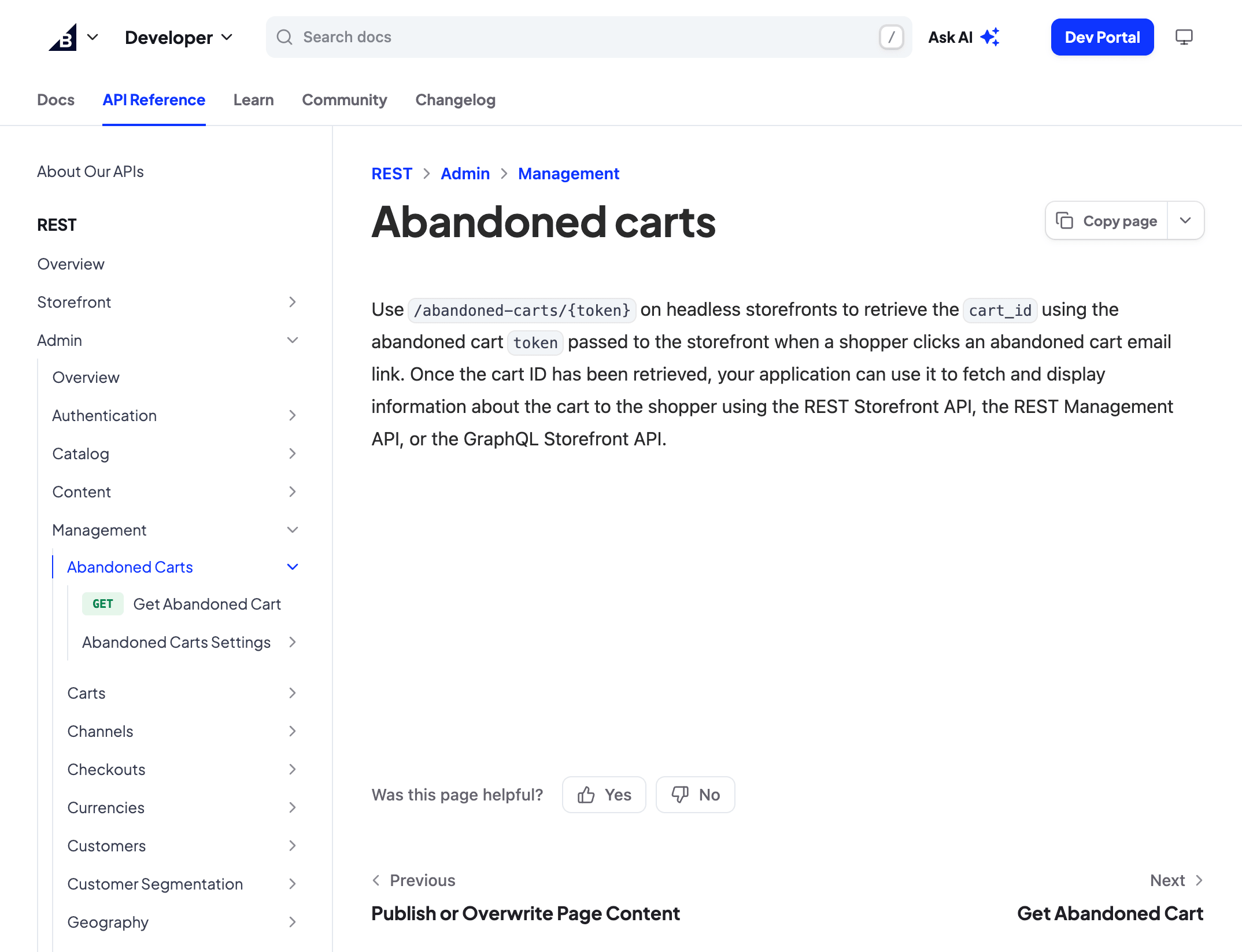 Screenshot of BigCommerce developer documentation showing REST Admin management API navigation.