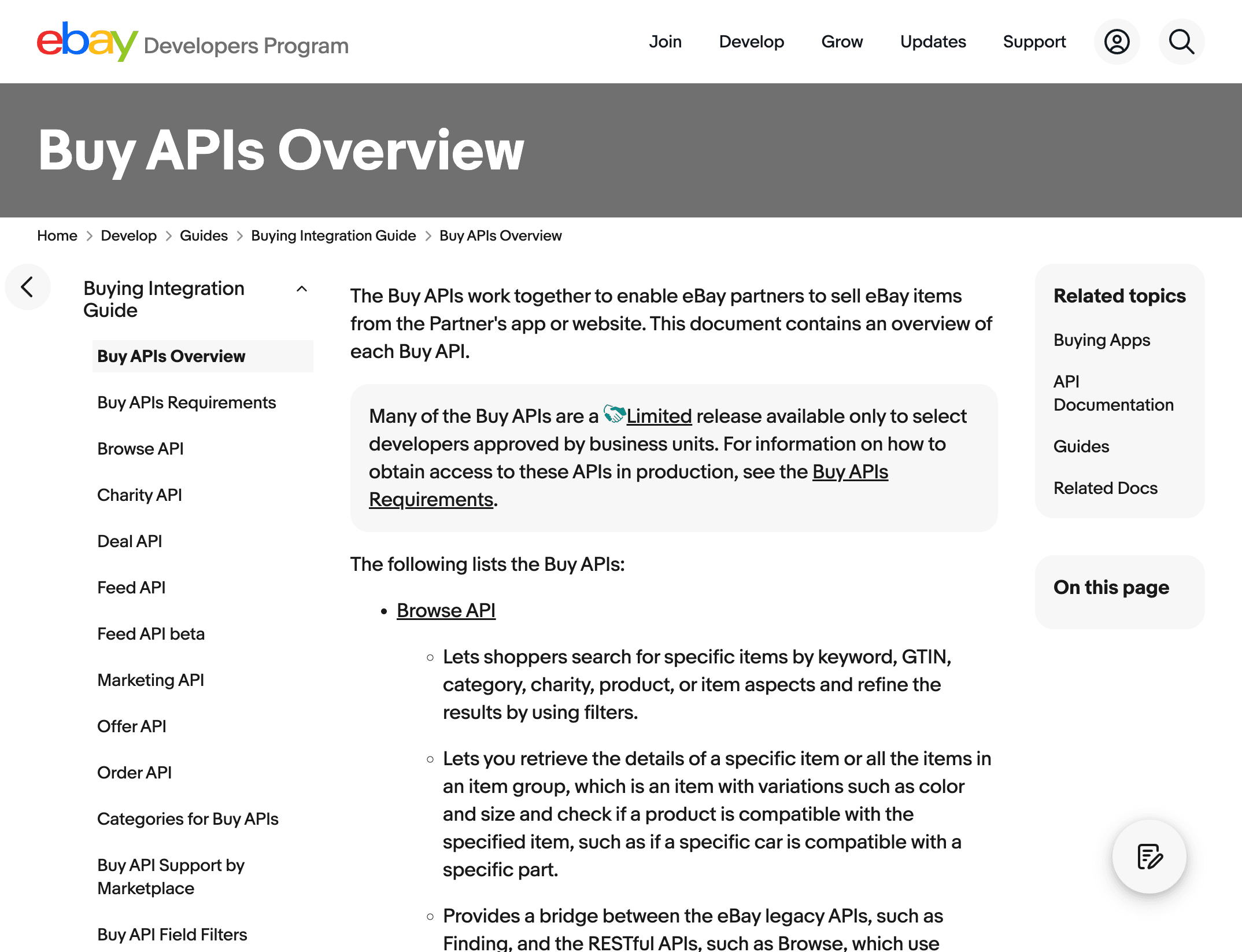 Screenshot of eBay's Buy APIs Overview documentation showing the Buying Integration Guide and Buy API list.