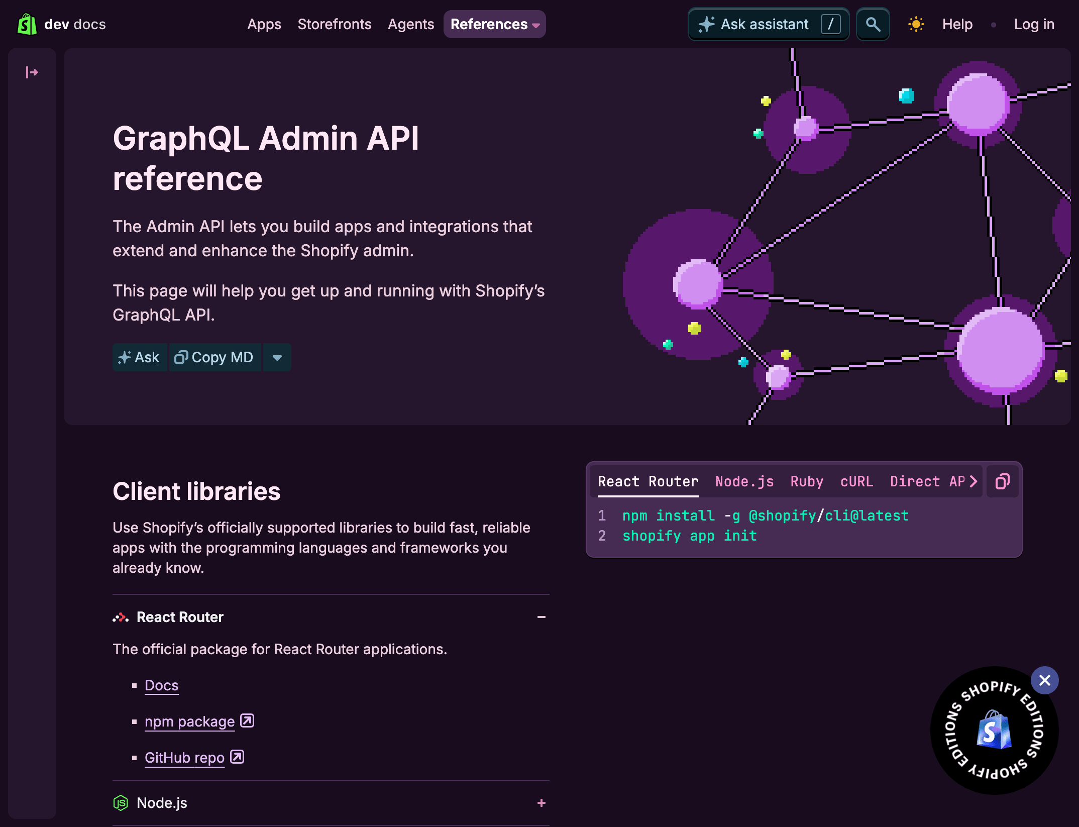 Screenshot of Shopify's GraphQL Admin API documentation showing the Admin API reference and client library examples.