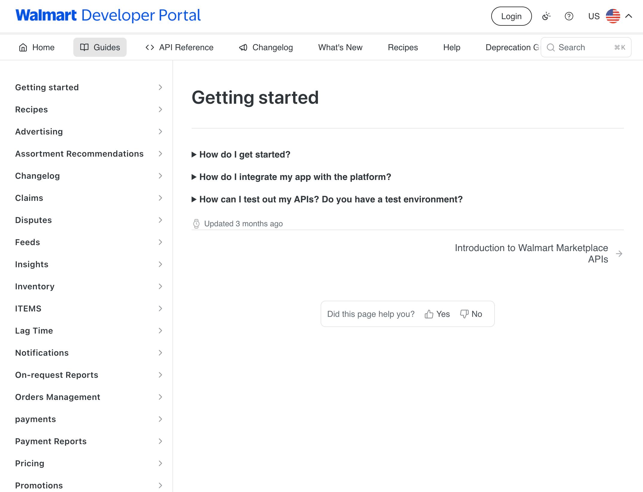 Screenshot of Walmart Developer Portal getting started documentation for Marketplace APIs.