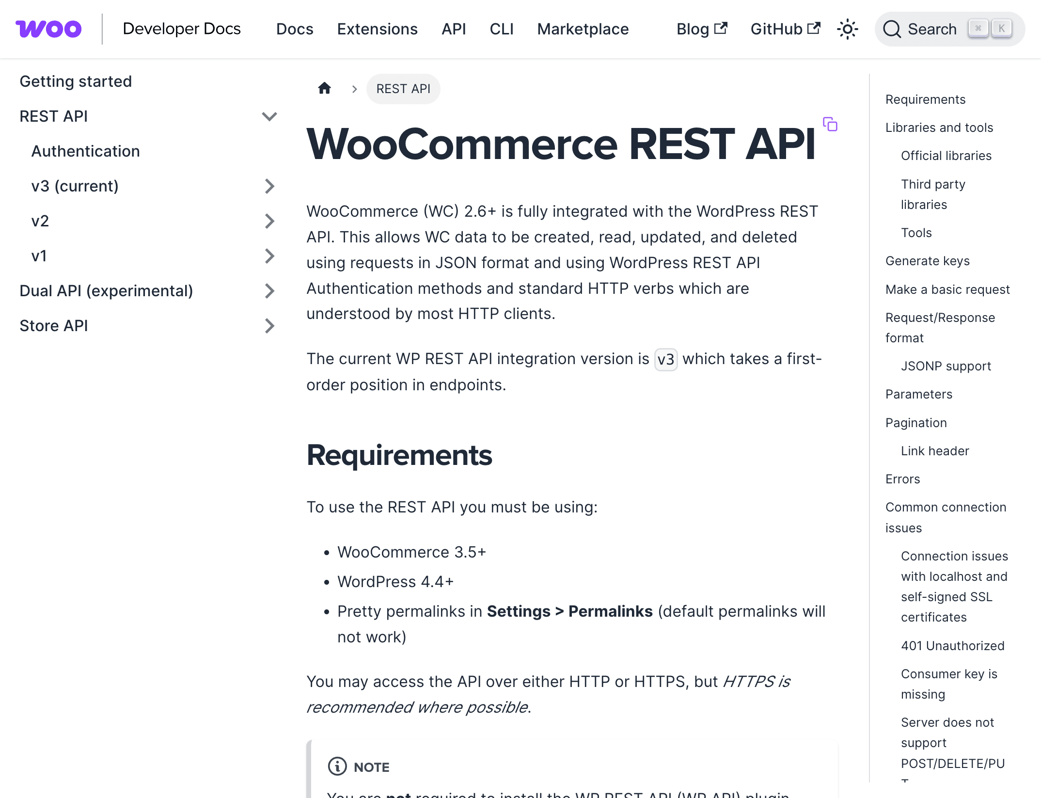 Screenshot of the WooCommerce REST API documentation showing requirements and REST API navigation.