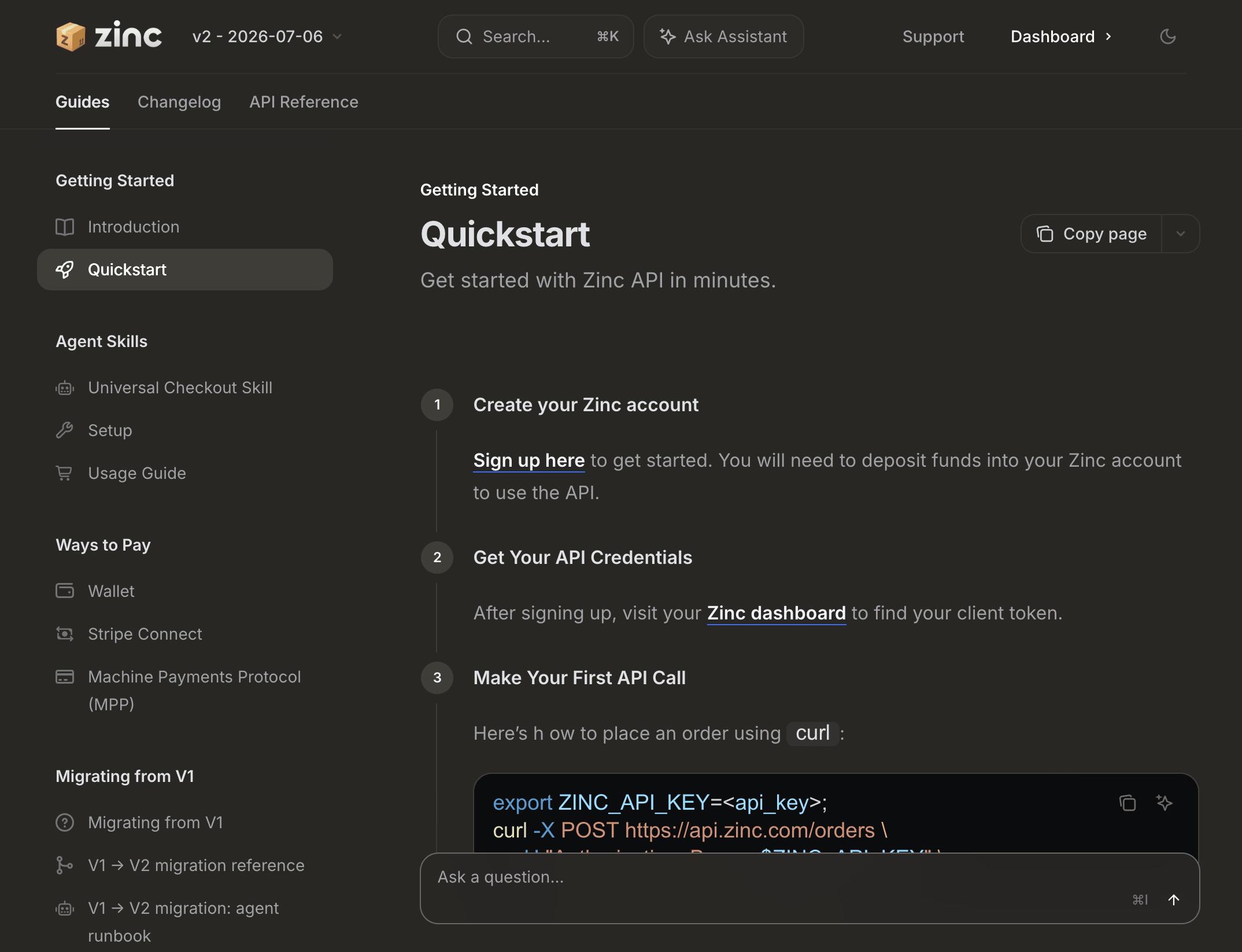 Screenshot of the Zinc API quickstart documentation showing the setup flow for placing a first API order.