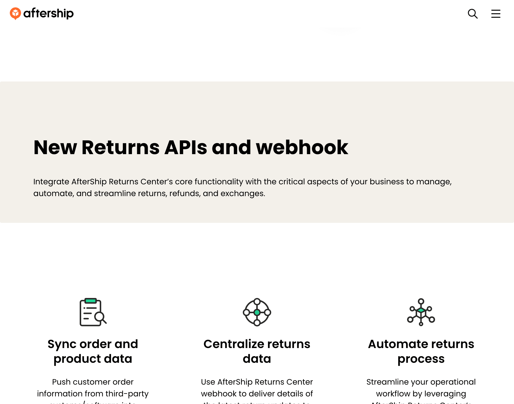AfterShip Returns Center page announcing new returns APIs and webhook, covering sync, centralize, and automate returns steps.