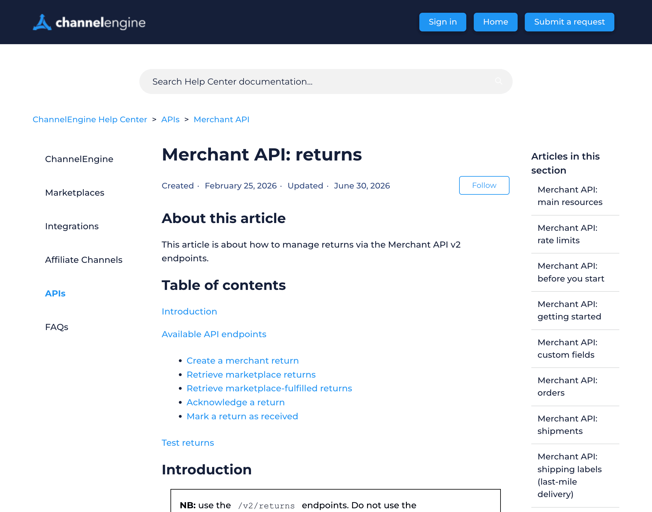 ChannelEngine Merchant API returns documentation listing endpoints for creating, retrieving, acknowledging, and receiving returns.