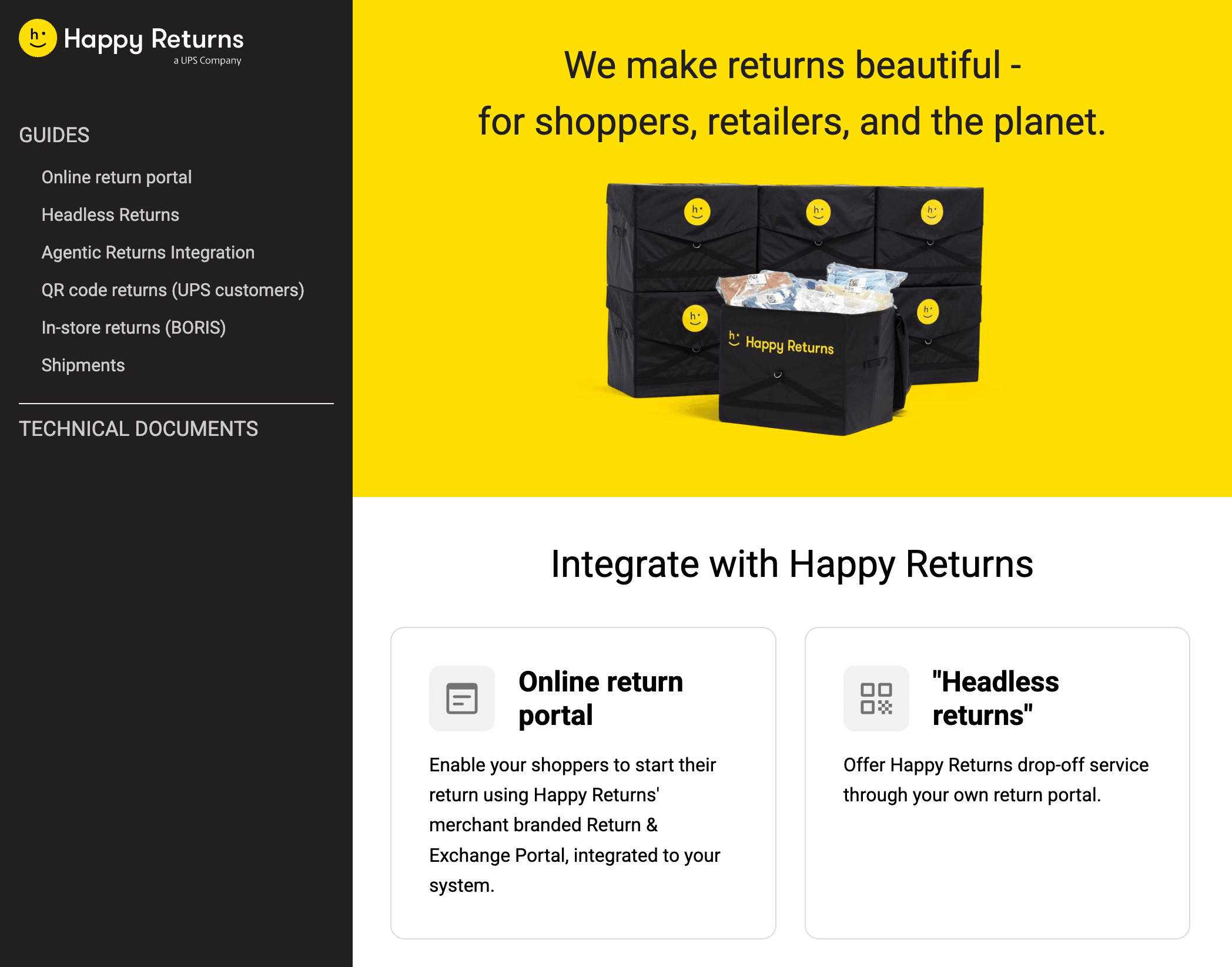 Happy Returns developer documentation homepage listing online return portal, headless returns, agentic returns integration, and shipment guides.
