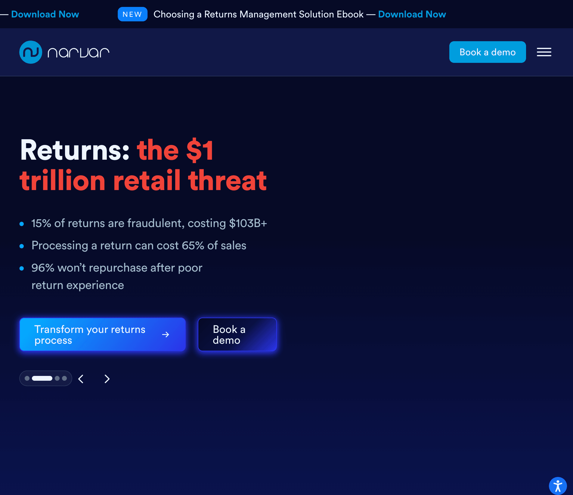 Narvar homepage stating returns are a $1 trillion retail threat, citing 15% fraud rate, 65% processing cost, and 96% repurchase loss.