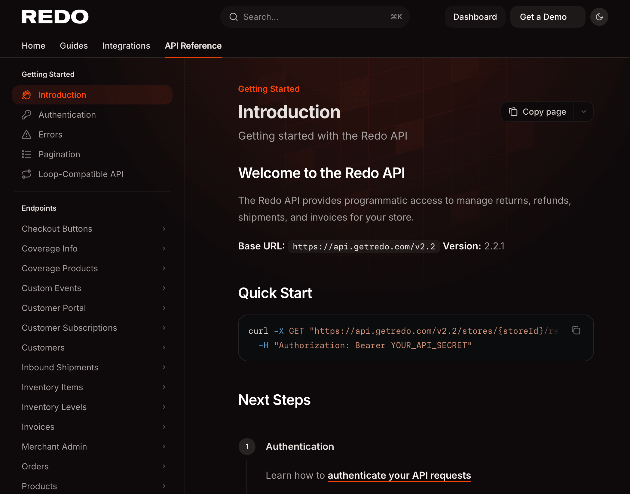 Redo API Reference introduction page showing the base URL, version 2.2.1, and a curl quick-start example.