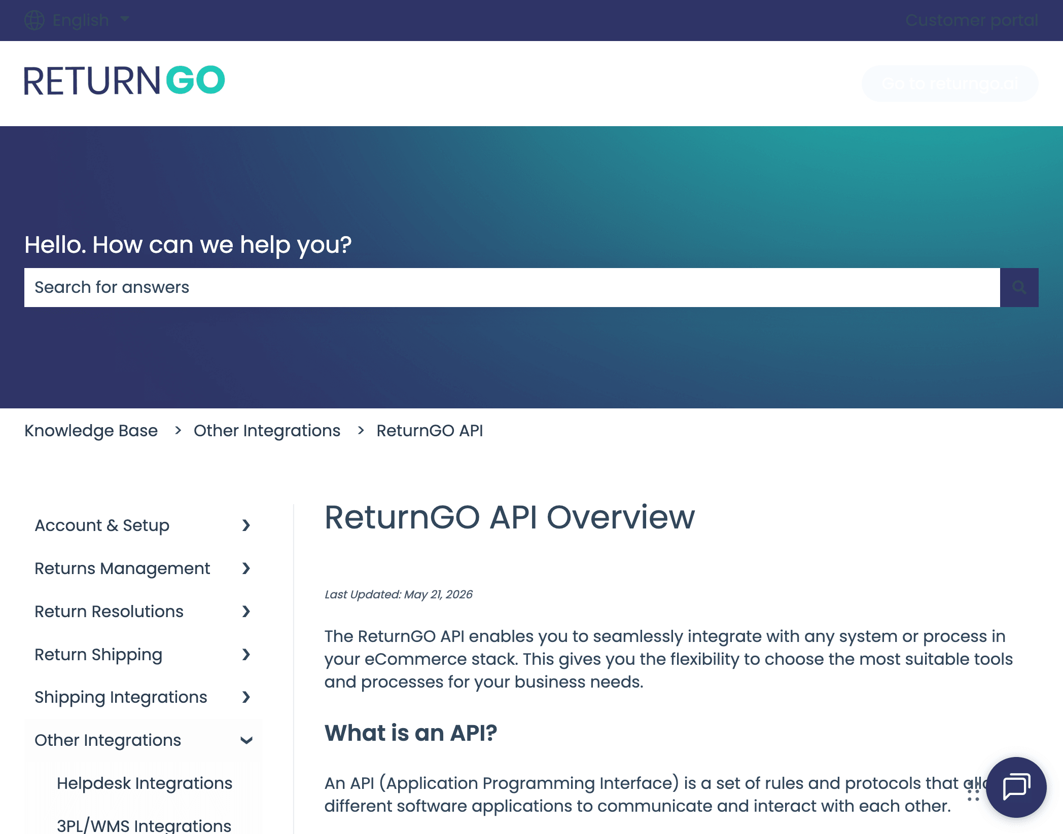 ReturnGO API Overview documentation page describing the REST API, authentication, and rate limits.