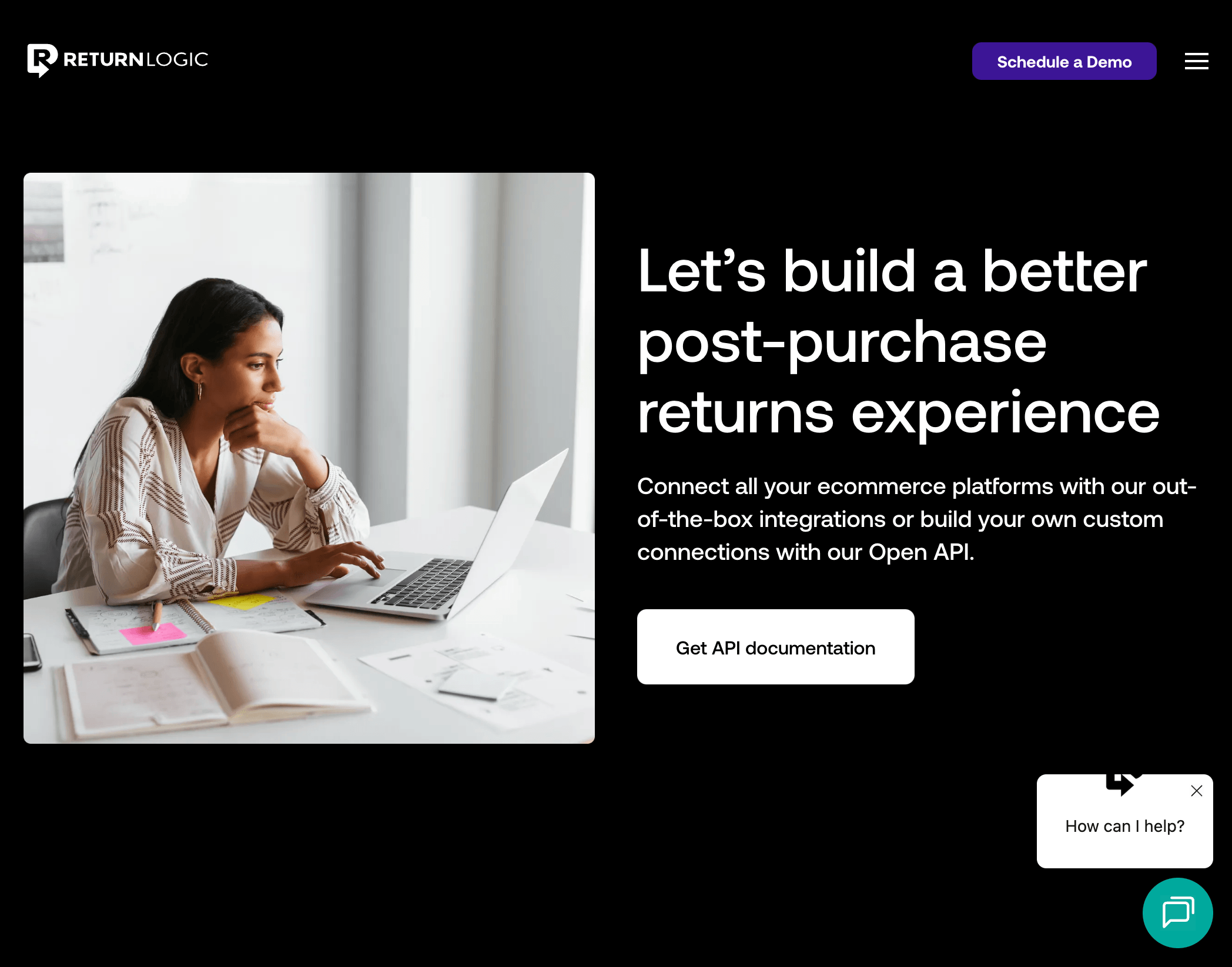 ReturnLogic homepage headline "Let's build a better post-purchase returns experience" with a Get API documentation call to action.