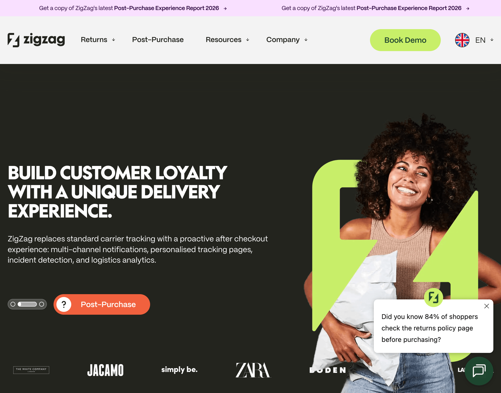 ZigZag Global homepage with the headline "Build customer loyalty with a unique delivery experience" and client logos including Zara.
