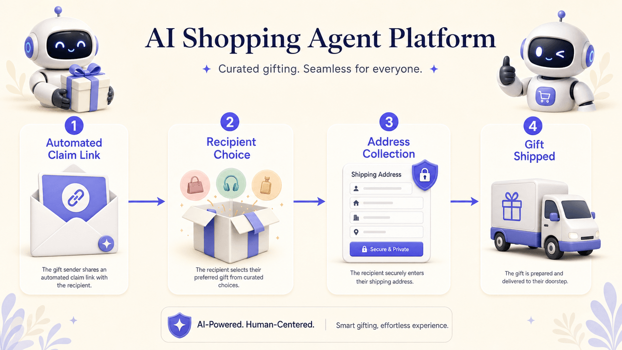 Flowchart showing how a curated gifting API handles claim link creation, recipient gift selection, address collection, and delivery.