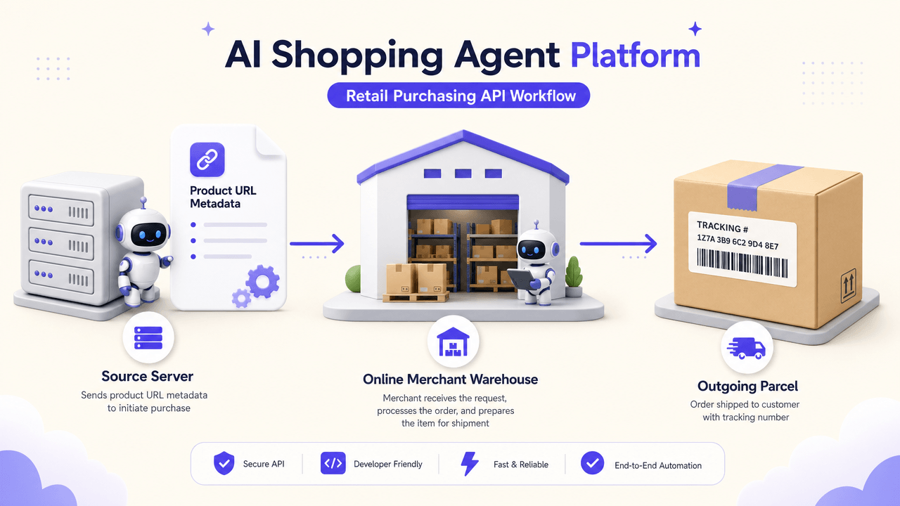 Diagram showing how a retail purchasing API processes a custom product URL, converts it to an order, and retrieves tracking.