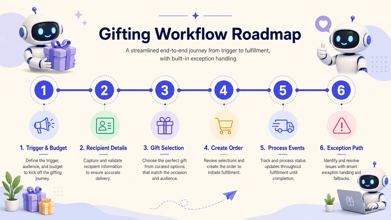 A 6-step roadmap summarizing the end-to-end automation sequence of corporate gifting.