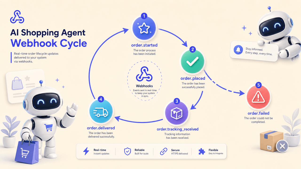 A cyclical flow diagram showcasing the various webhook events during an order's lifecycle.
