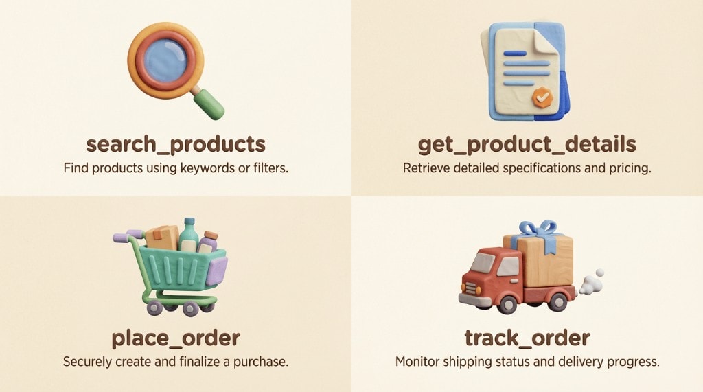 Infographic grid of the four key agent tools: search_products, get_product_details, place_order, and track_order, each with a corresponding icon.