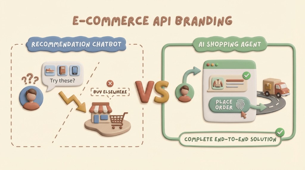 Comparison showing a chatbot only recommends products, while a shopping agent completes the entire purchase and fulfillment process.