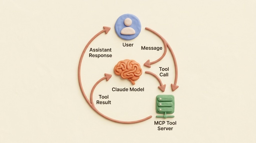 A diagram of the core interaction loop, showing how the user message flows to the Claude model, to the MCP tools, and back to the user as a response.