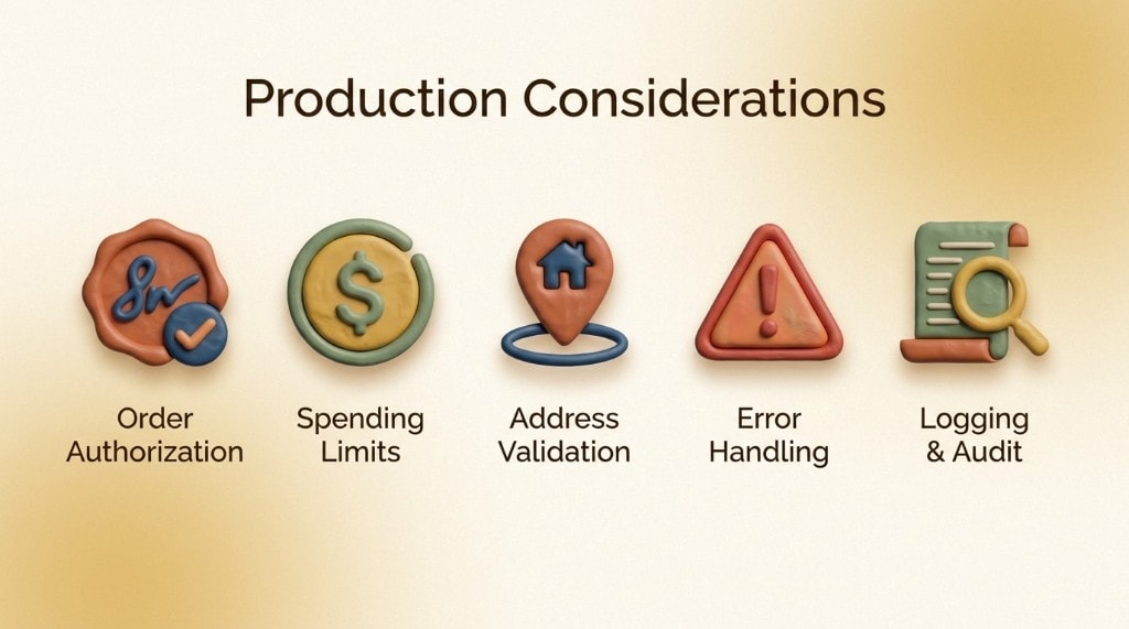 Icons representing five production considerations: order authorization, spending limits, address validation, error handling, and logging.
