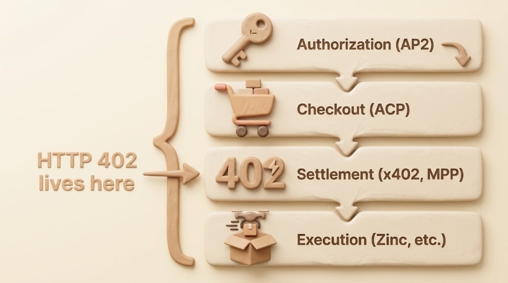 Diagram of the 4-layer agentic commerce stack: Authorization, Checkout, Settlement, and Execution, showing that HTTP 402 sits at the Settlement layer.