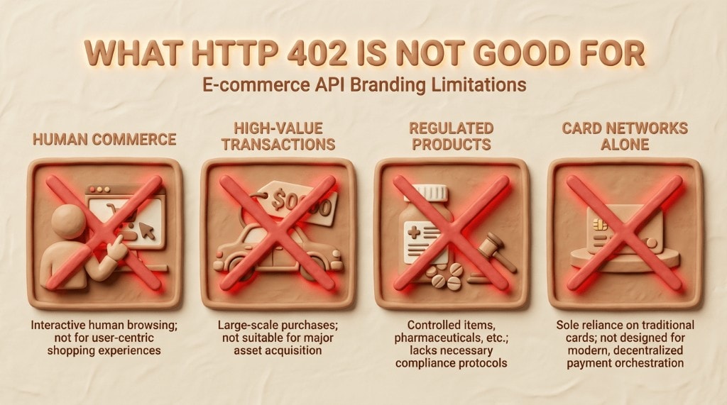 An infographic illustrating what HTTP 402 is not good for, including human-present commerce, high-value single transactions, regulated products, and using card networks alone.