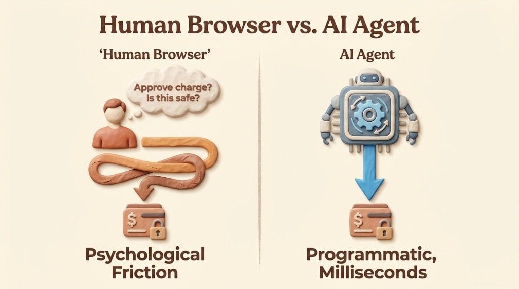 Comparison showing a human browser has psychological friction with payments, while an AI agent can authorize payments programmatically in milliseconds.