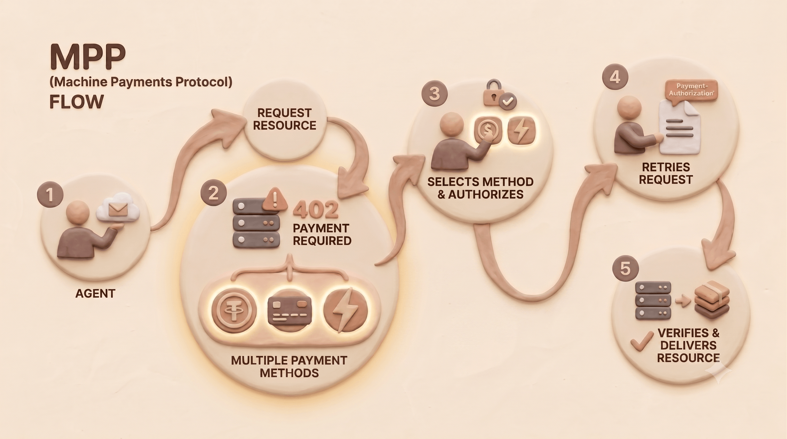 A 5-step flowchart for the MPP protocol: agent requests, server responds with 402 and multiple payment options, agent authorizes one, agent retries with authorization header, server verifies.