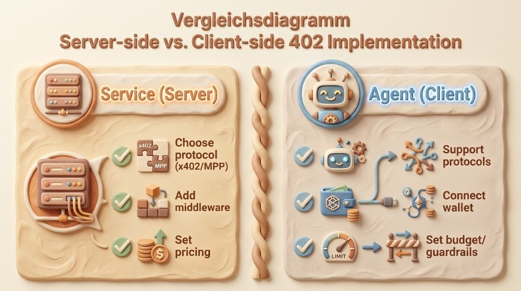 A split-screen graphic comparing server-side implementation of HTTP 402 (choosing a protocol, adding middleware) with client-side agent implementation (supporting protocols, connecting a wallet, setting a budget).