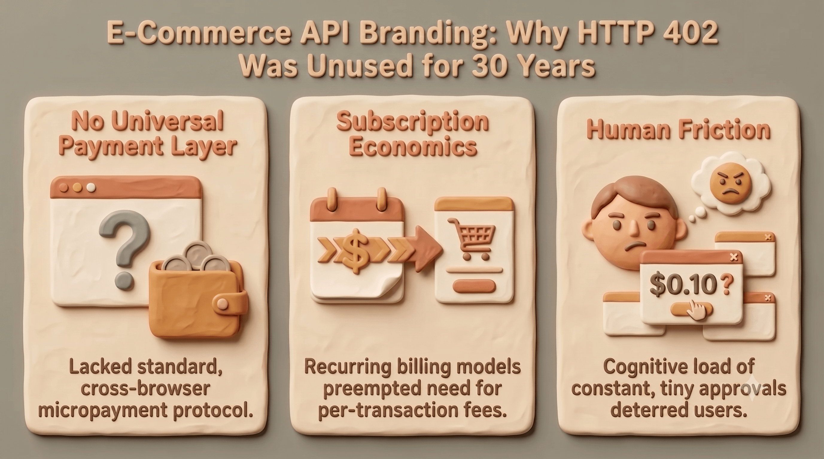 Infographic showing three reasons why HTTP 402 was unused: no universal payment layer, the rise of subscription economics, and human friction with micropayments.