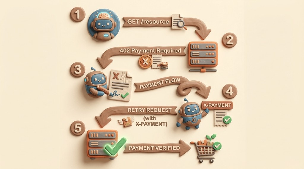 A 5-step flowchart of the x402 protocol: agent requests, server responds with 402, agent signs payment, agent retries with payment header, server verifies and delivers.