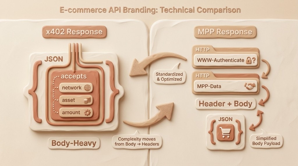 Comparison of x402 and MPP response structures, showing x402 as body-heavy with a JSON object, and MPP using WWW-Authenticate headers plus a body.