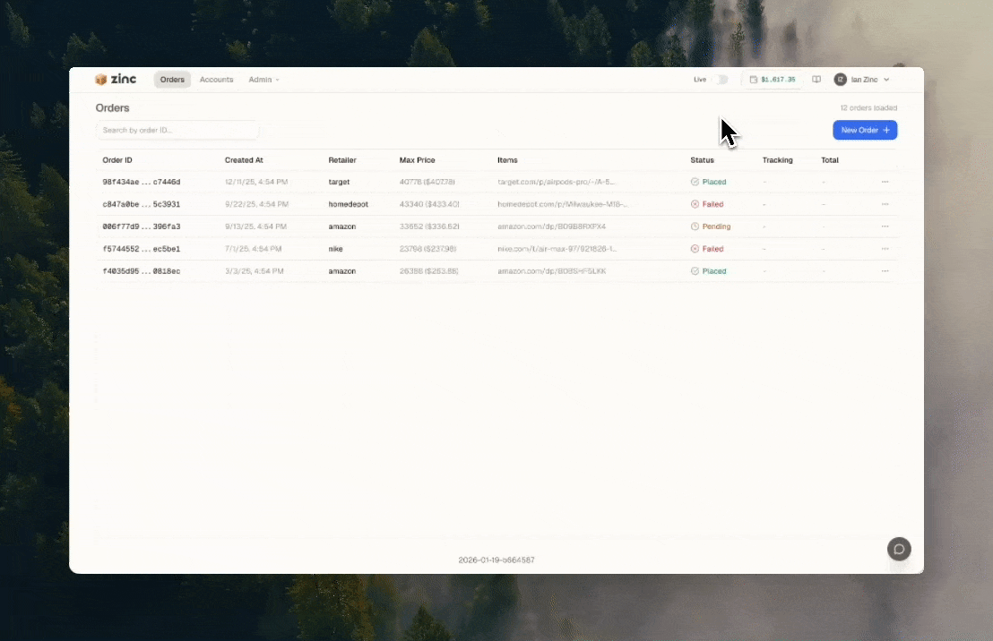 Test mode toggle in the Zinc dashboard