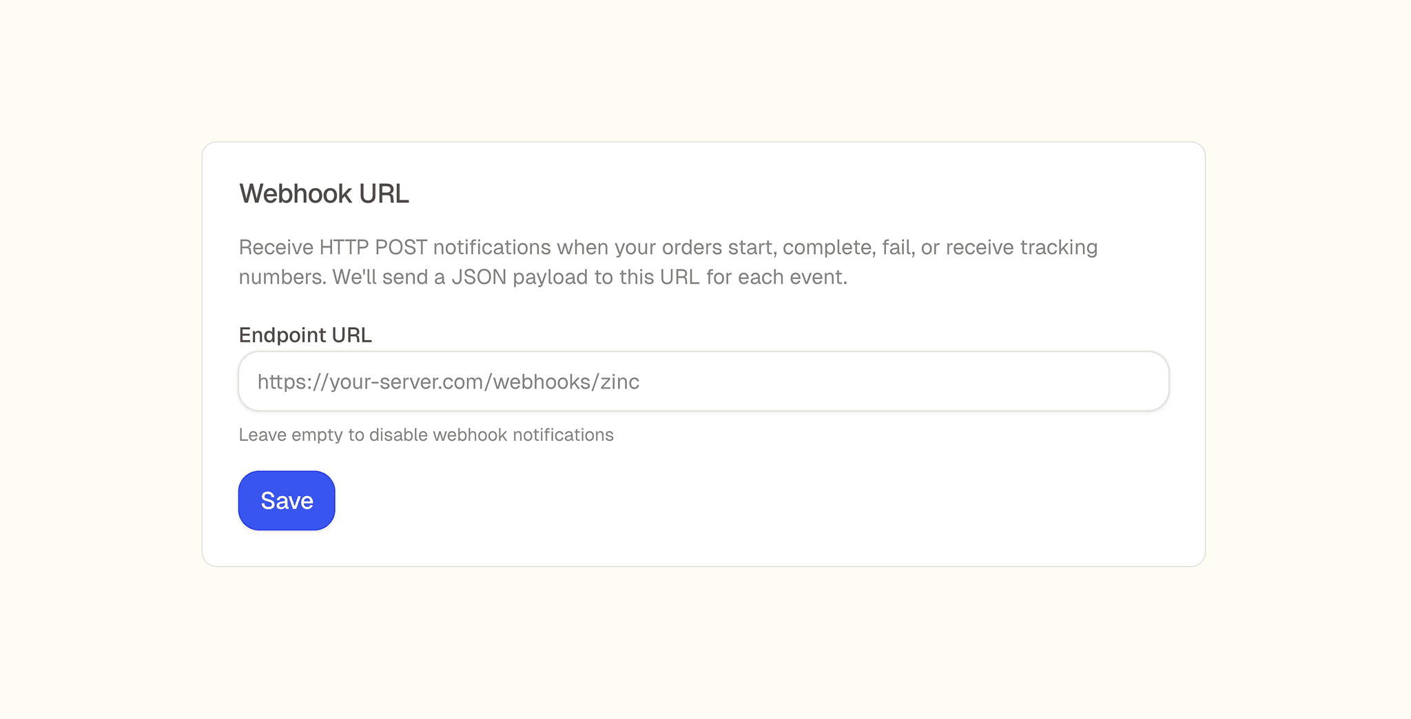 Webhook configuration in the Zinc dashboard