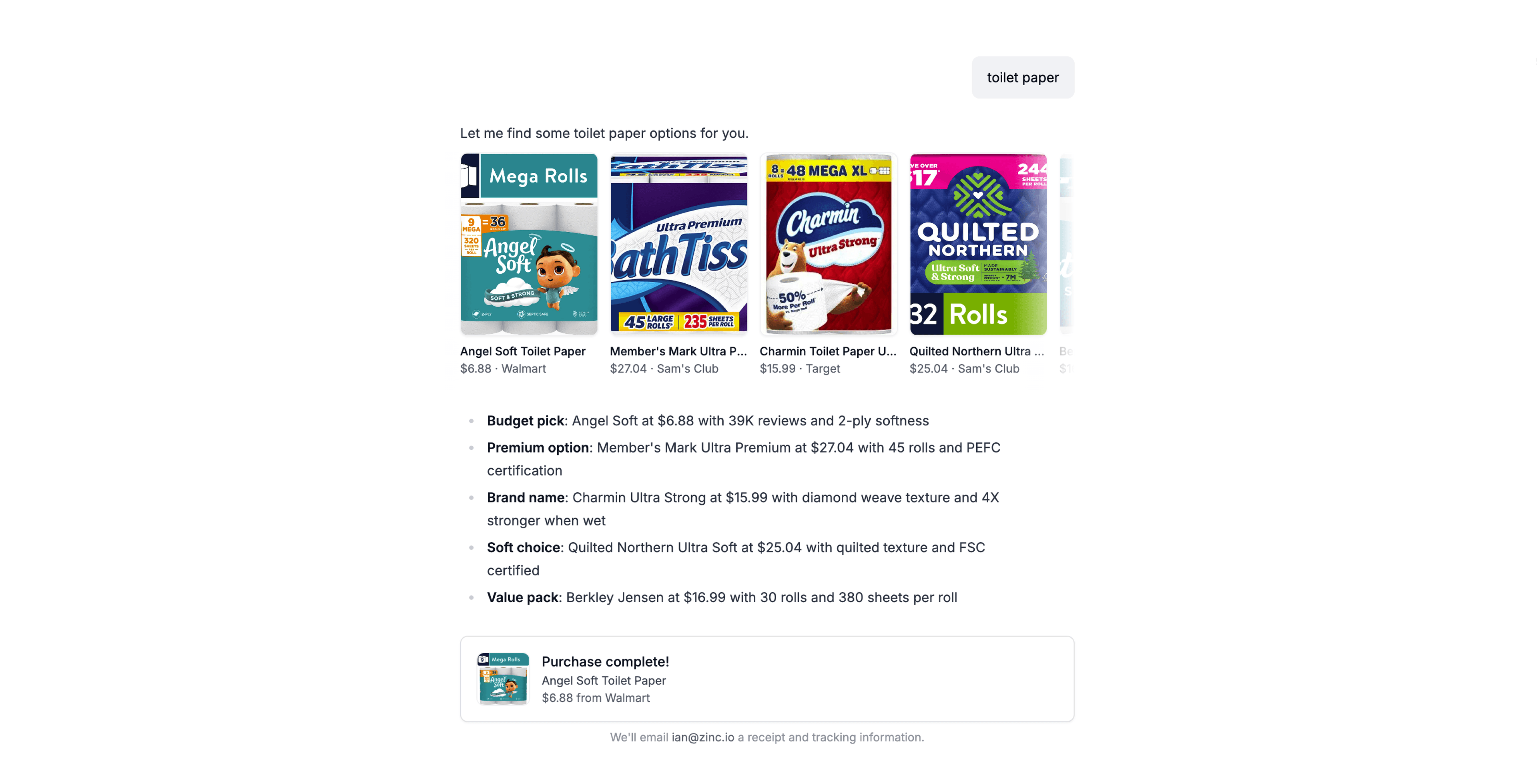 Screenshot of the chat interface with a product search