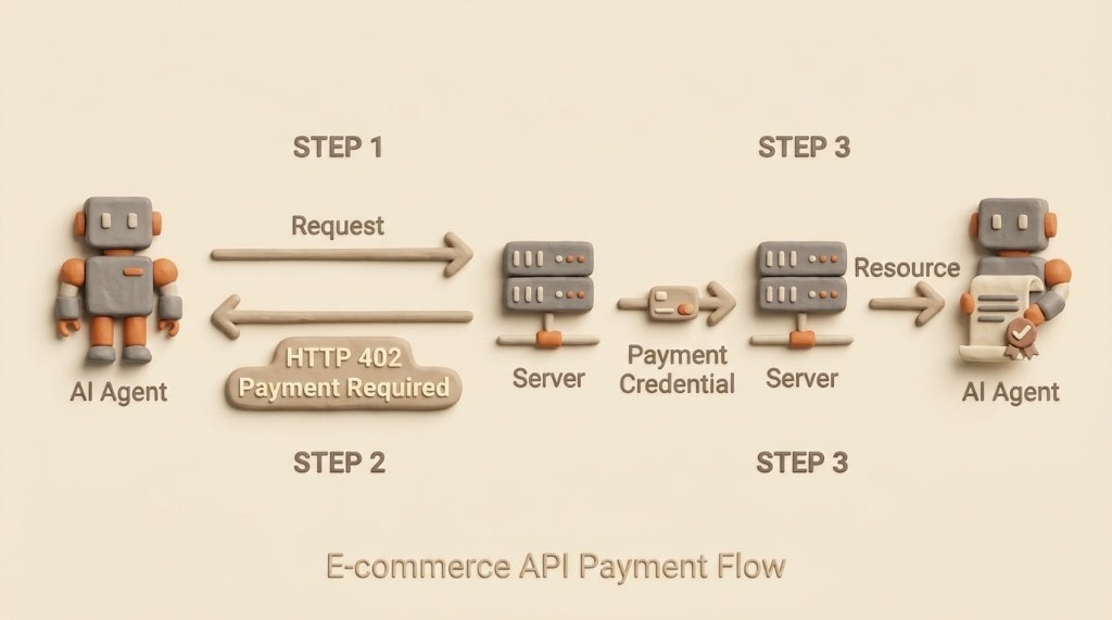 Flowchart showing how both MPP and x402 use the HTTP 402 status code for agent payments.