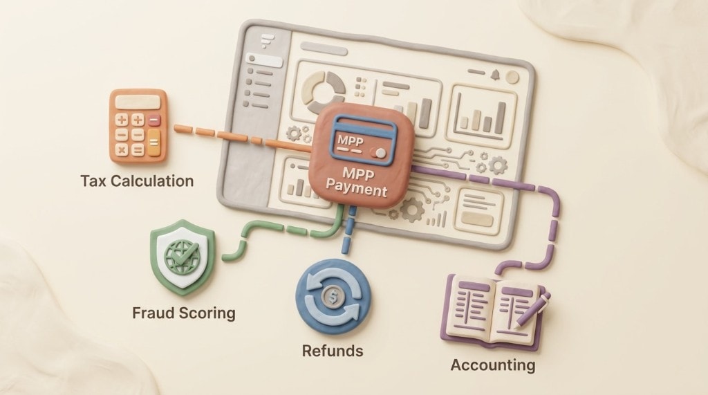 Illustration showing MPP inheriting enterprise features like tax, fraud detection, and reporting from a payment service provider like Stripe.