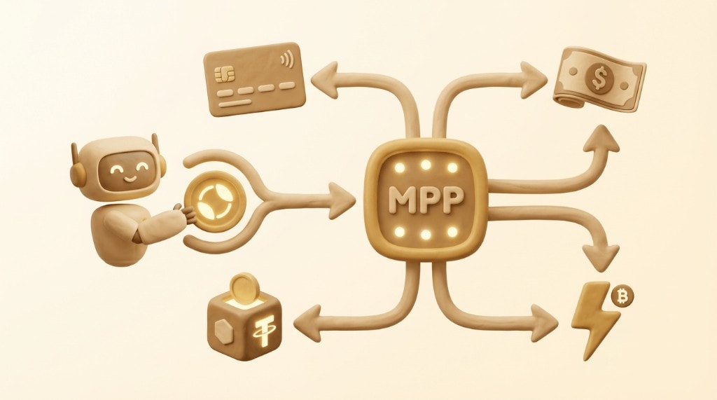 Illustration of MPP's multi-rail payment capabilities, showing connections to stablecoins, fiat, cards, and Bitcoin.