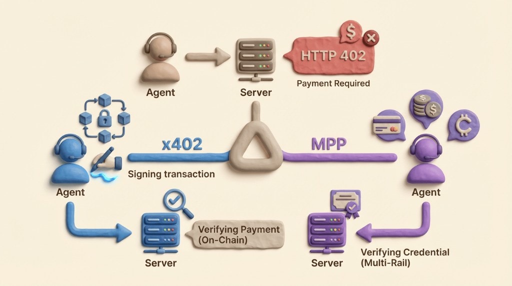 Diagram showing how MPP and x402 diverge in their payment infrastructure after the initial HTTP 402 response.