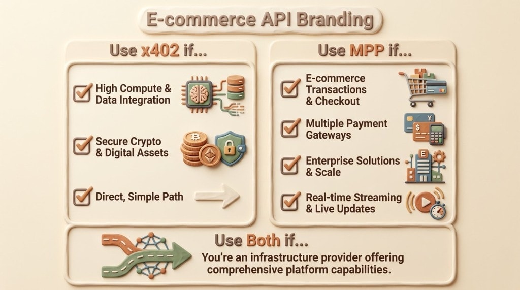 A summary visual comparing the use cases for x402, MPP, and using both protocols together.
