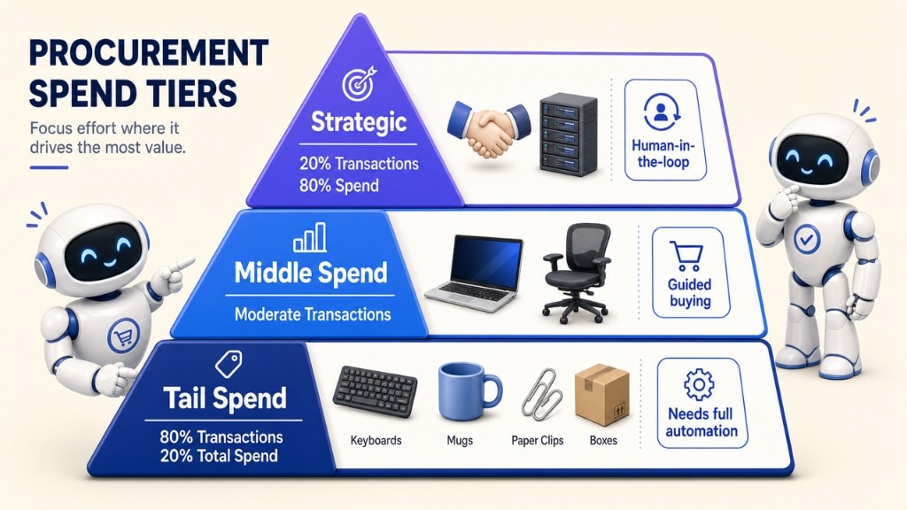 A pyramid chart showing the 3 tiers of procurement spend: tail spend, middle spend, and strategic spend, detailing transaction vs cost ratio.