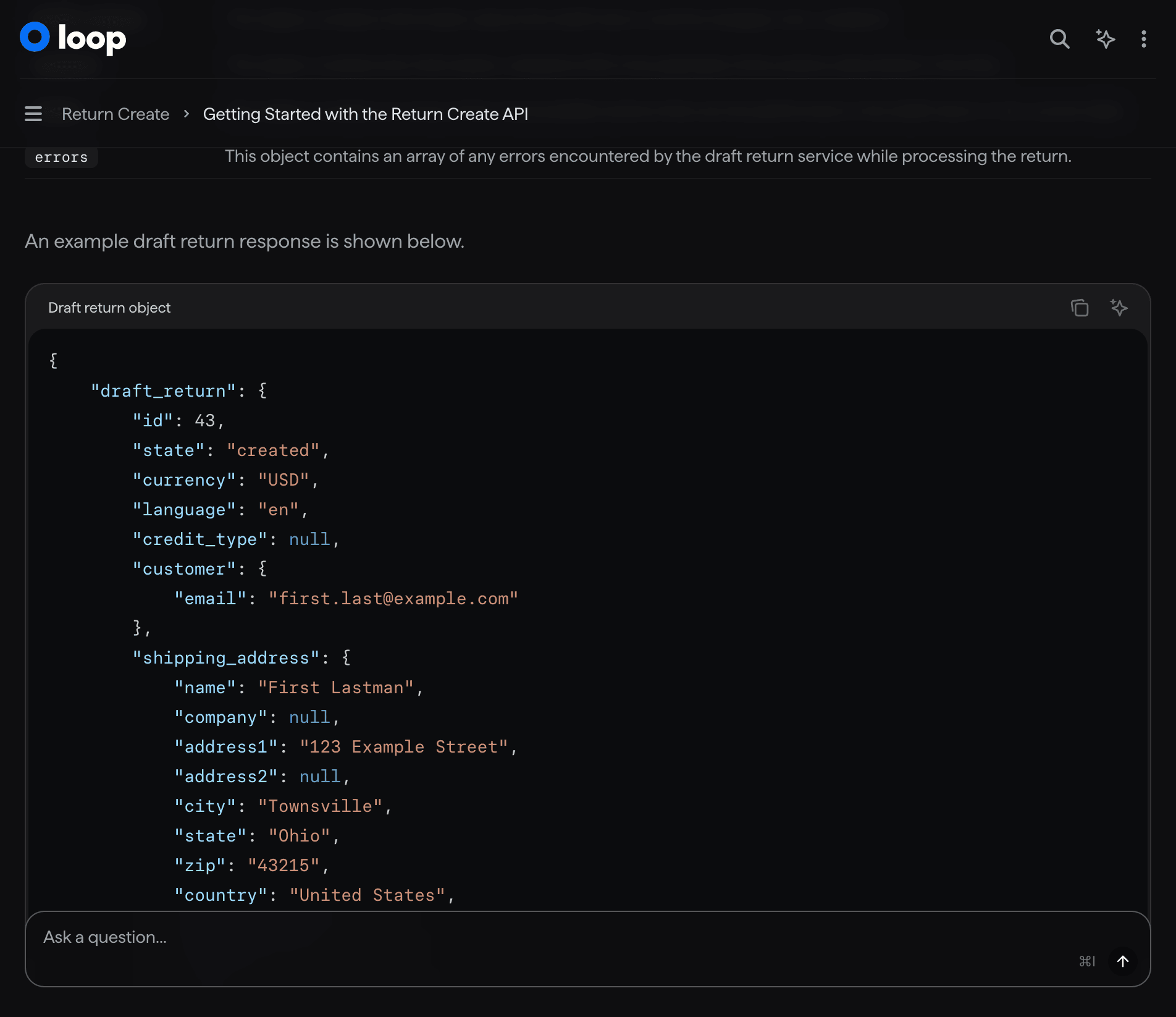 Loop Returns API draft return JSON object showing state, currency, customer, shipping address, and returning items fields.