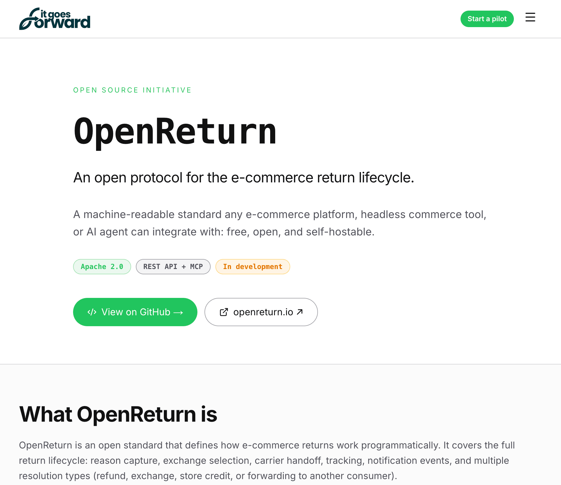 OpenReturn homepage showing the open-source Apache 2.0 protocol for the e-commerce return lifecycle with REST API and MCP server.