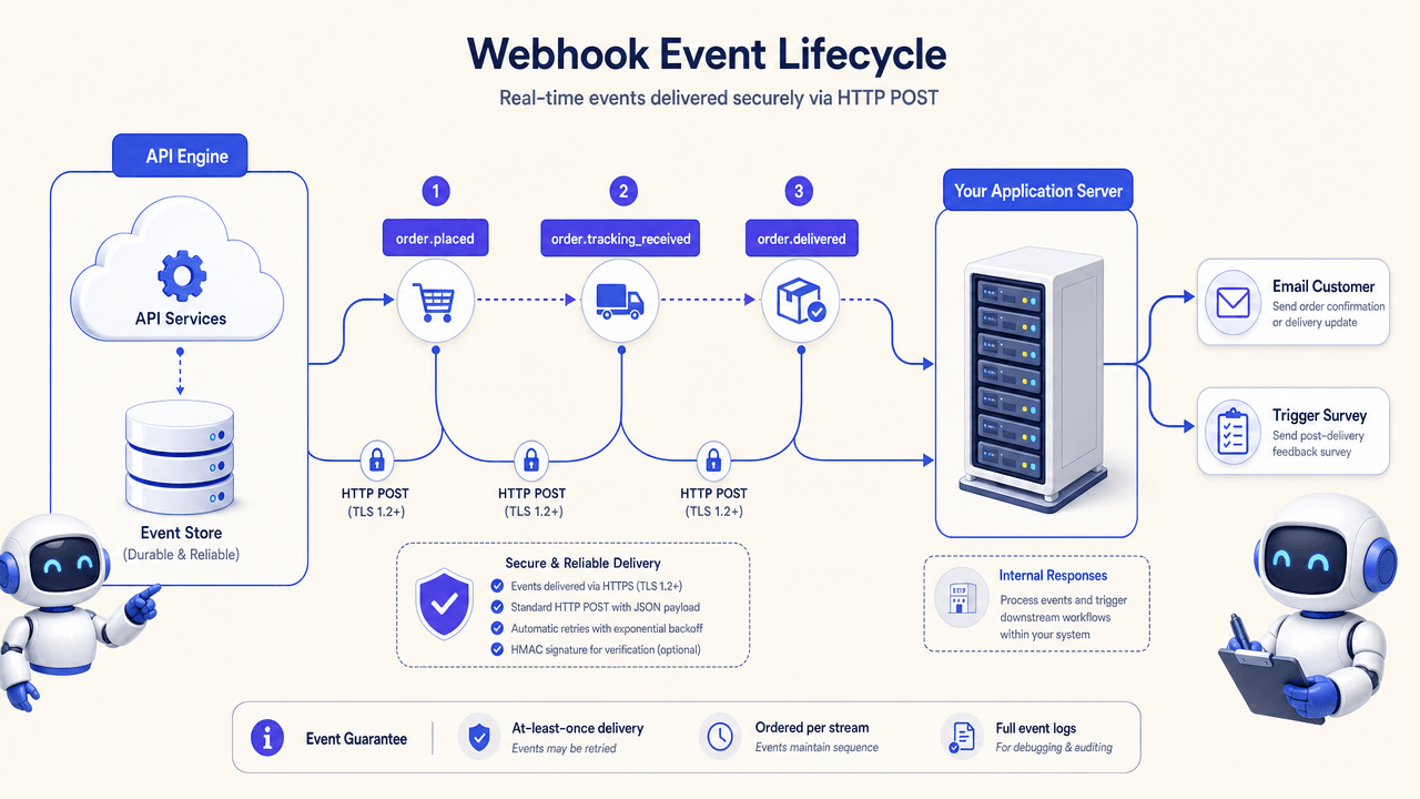 Webhook event lifecycle diagram showing order.placed, order.tracking_received, and order.delivered events delivered via HTTP POST.