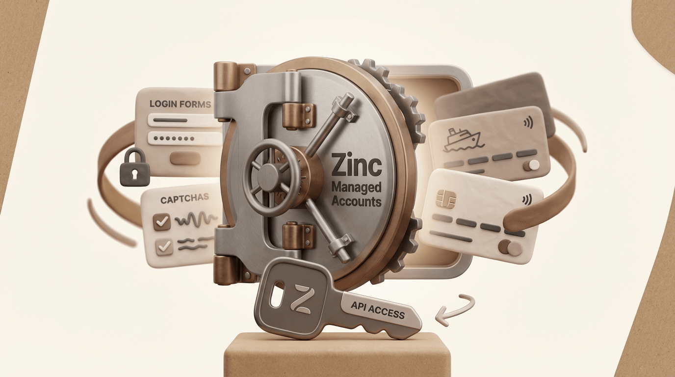 Zinc Managed Accounts vault handling login forms, captchas, and API access automatically