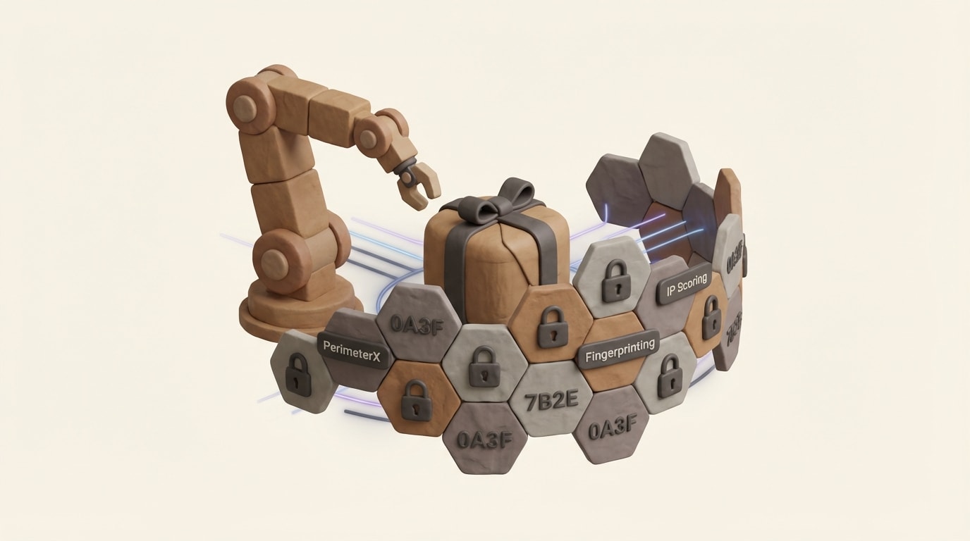 Bot protection wall with PerimeterX, fingerprinting, and IP scoring blocking a robotic arm from reaching a package