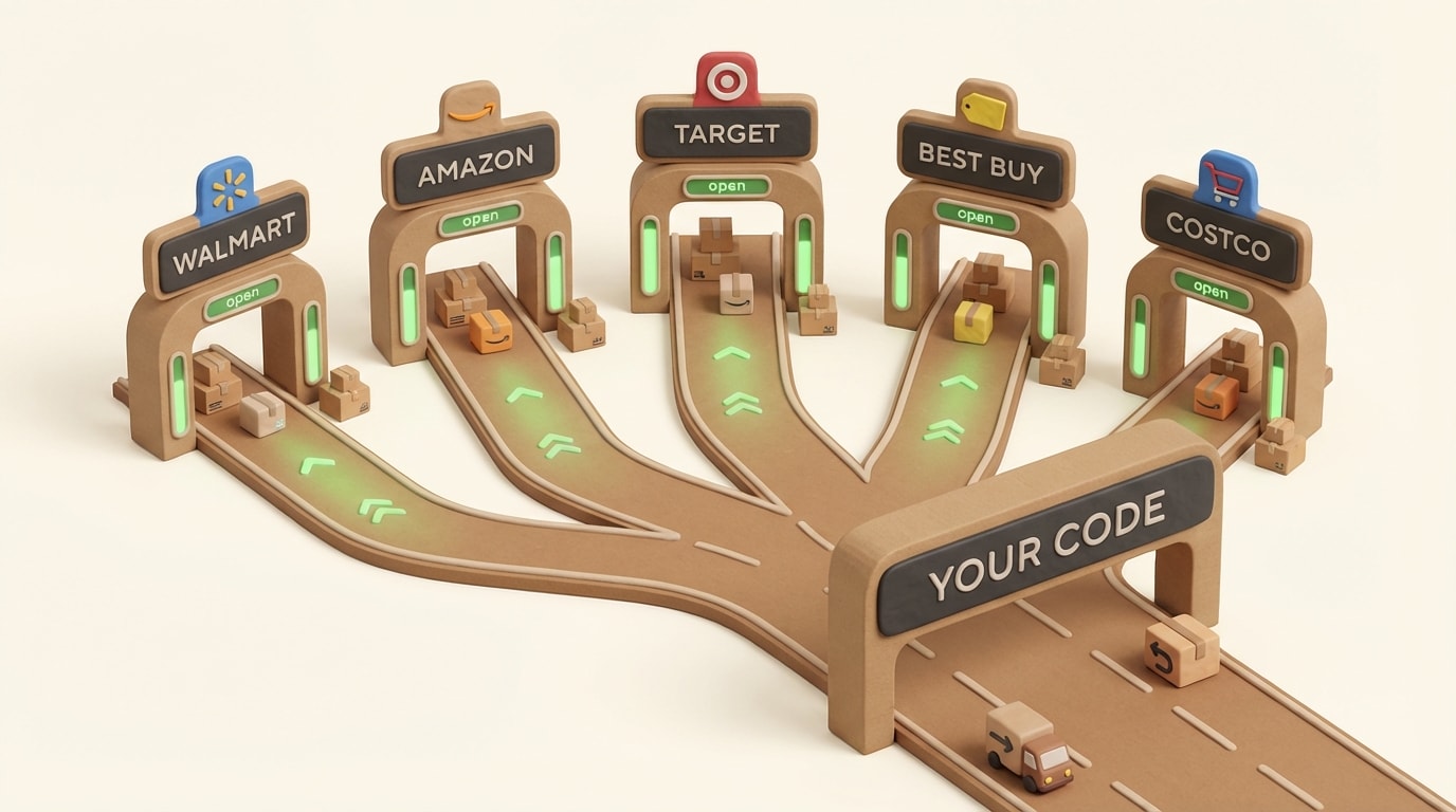 Multi-retailer routing from Your Code through gates to Walmart, Amazon, Target, Best Buy, and Costco