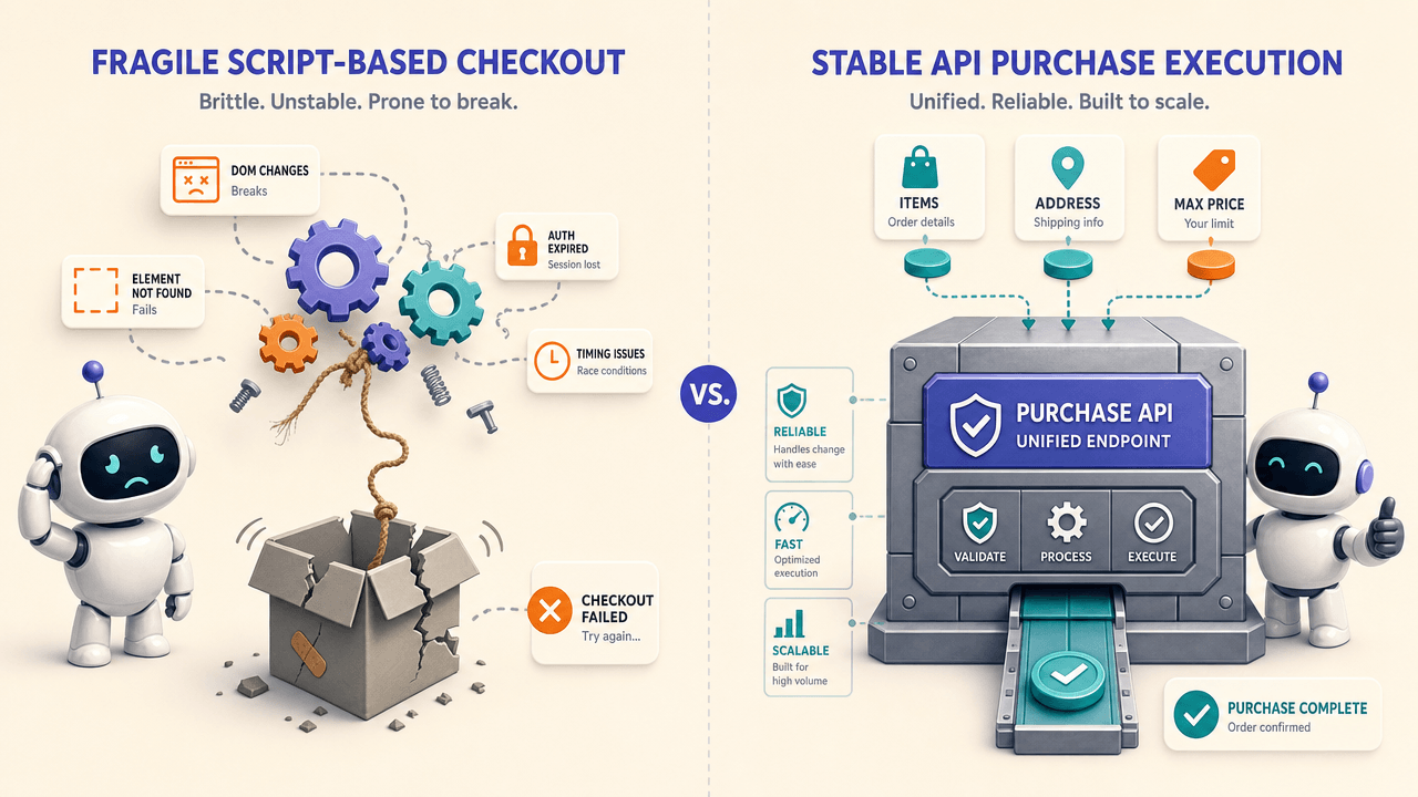 Comparison of a fragile script-based checkout breaking apart versus a stable API purchase execution that validates, processes, and confirms an order.