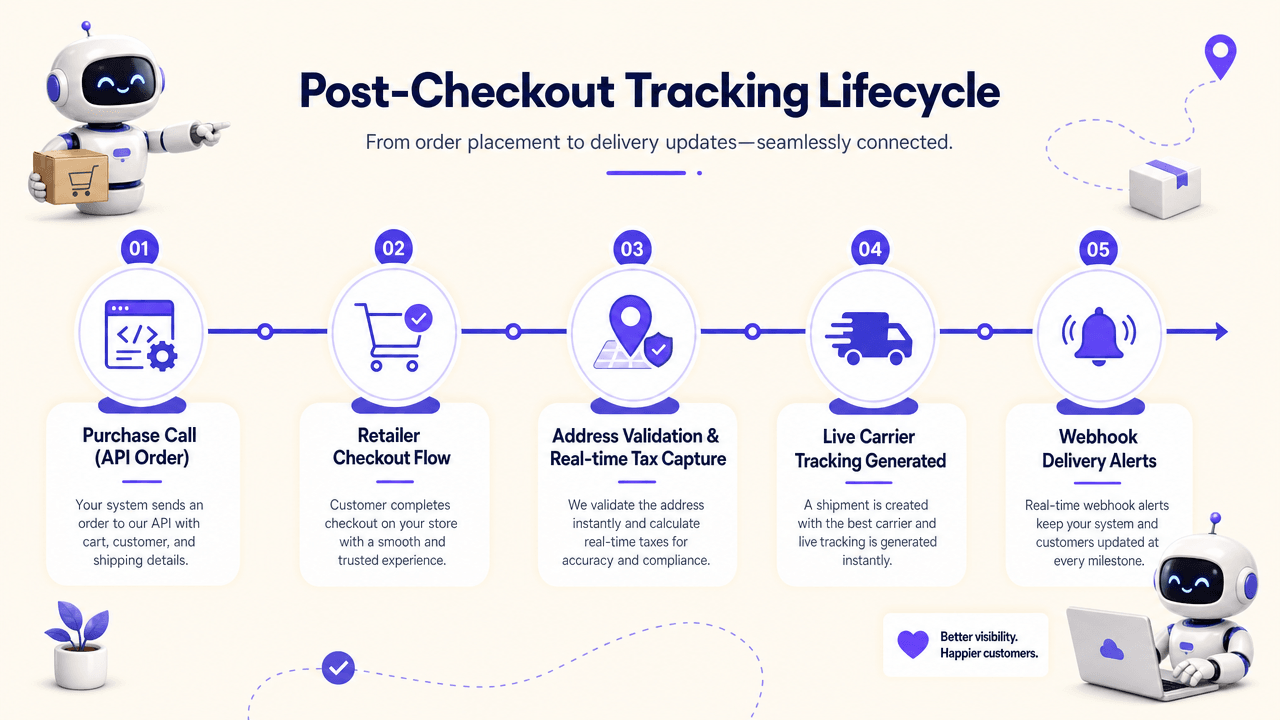Post-checkout tracking lifecycle from the API order call through retailer checkout, address validation and tax capture, live carrier tracking, and webhook delivery alerts.