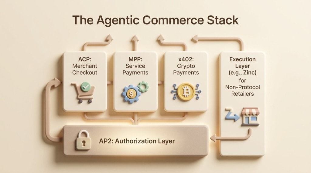 Stack diagram showing how agentic commerce protocols relate: AP2 for authorization, with ACP, MPP, and x402 as payment/checkout layers on top.