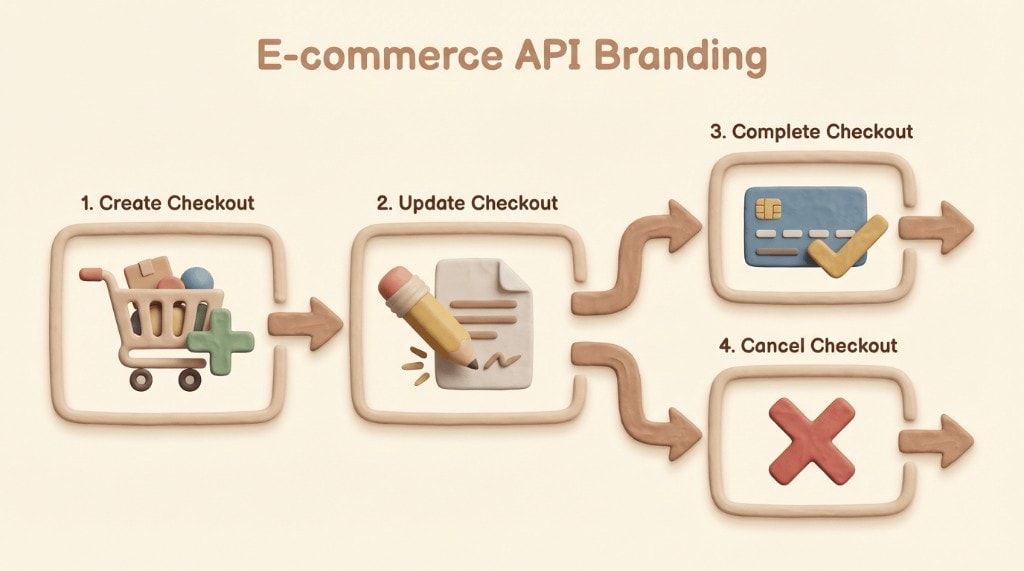Flowchart illustrating the four ACP endpoints: Create Checkout, Update Checkout, Complete Checkout, and Cancel Checkout.
