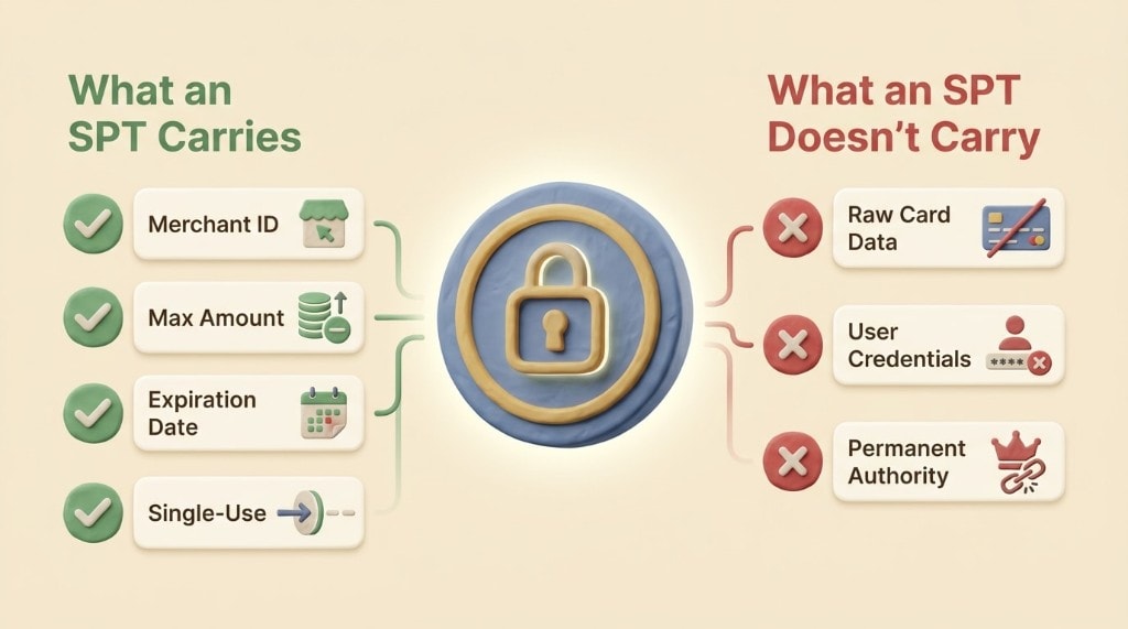 Infographic explaining Shared Payment Tokens, showing what they contain (merchant ID, amount, expiration) and what they don't (raw card data).